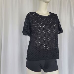 Anthropologie black lace cut out short sleeves top size XXS relax fit